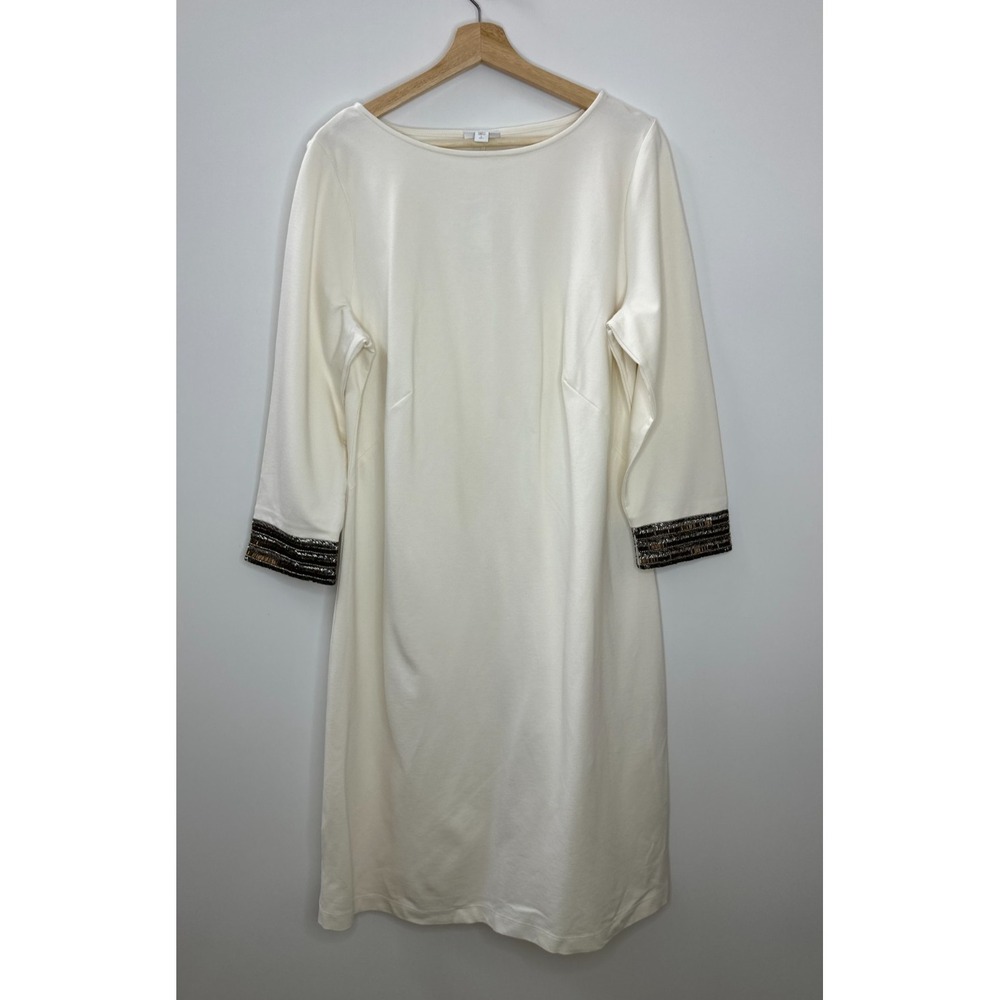 New Christian Siriano x J.Jill Cream Ponte Knit Beaded Cuff Dress Large Tall LT - Picture 2 of 16